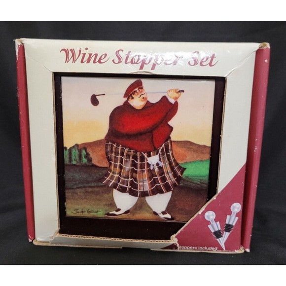 Wine Stopper Set Fat Golfer Wood Box Ceramic Tile Inset W/Box Jennifer Garant - Picture 2 of 12